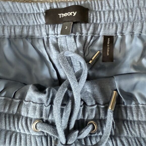 Theory Women’s 2 Lt Blue Wool Pants Stretch Waist Interior Drawstring Front Seam - Picture 3 of 6